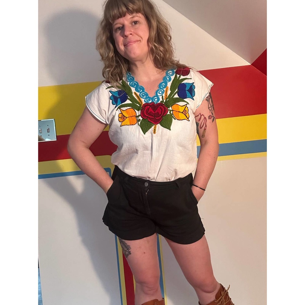 1970s vintage embroidered hippie cotton blouse Mexican sz l plus